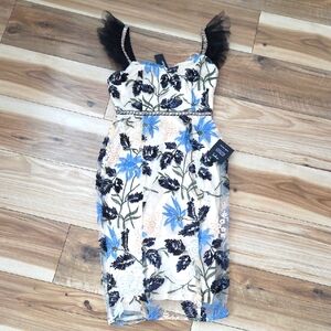 Floral Embroidered Dress with Black Tulle Straps